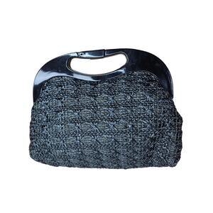 1960s Black Convertible Clutch Crossbody Woven Raffia Handbag Lucite Top Handle